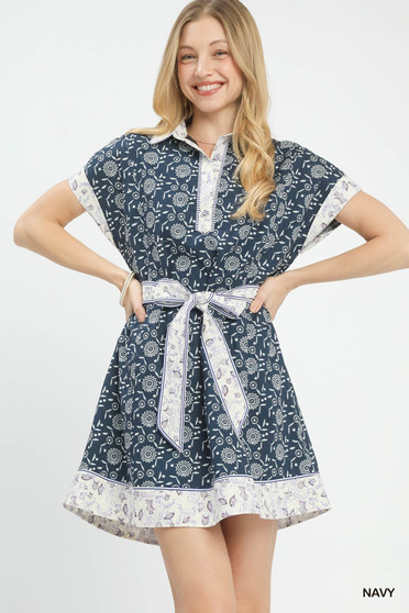 Umgee Border Print Belted Shirt Dress