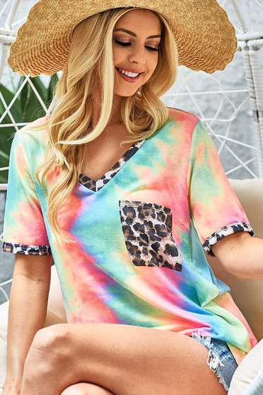 BiBi Tie Dye Print V Neck Top With Front Patch Pocket