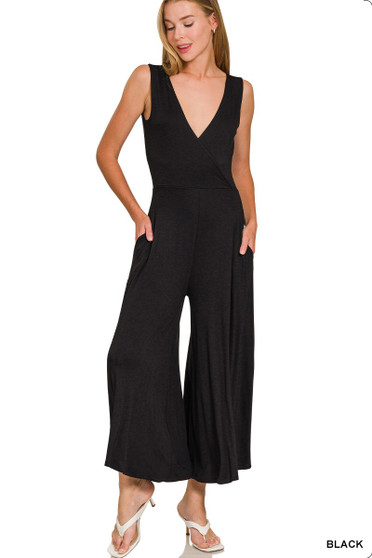 Zenana Surplice Neckline Sleeveless Jumpsuit