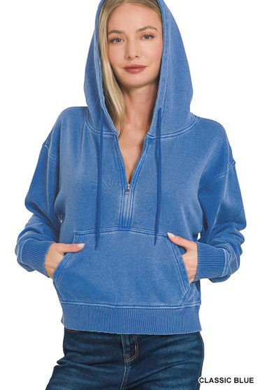 Zenana Fleece Pigment Dye Half Zip Kangaroo Pocket Hoodie