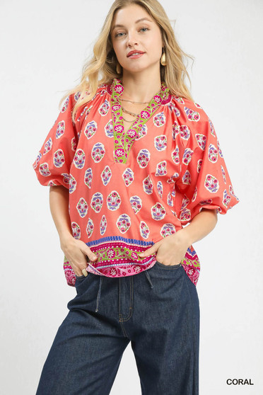 Umgee Boho Border Print Peasant Top