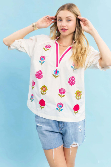 Umgee Embroidered Floral Top with Contrast Trim