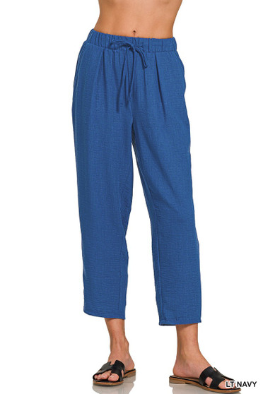 Zenana Woven Crepe Elastic Band Waist Pants