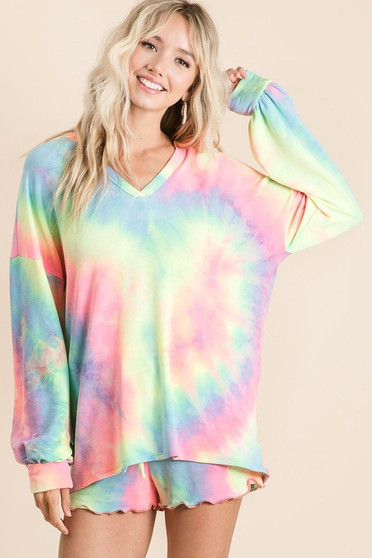 BiBi Tie Dye French Terry Top With Balloon Sleeves