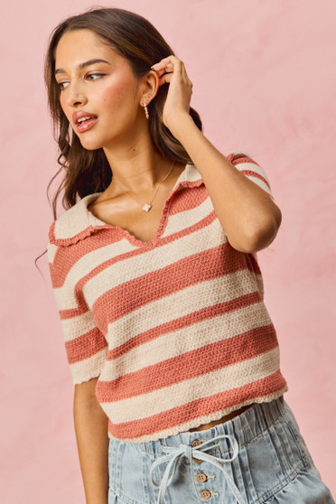 SO ME Stripe Short Sleeve Cropped Sweater