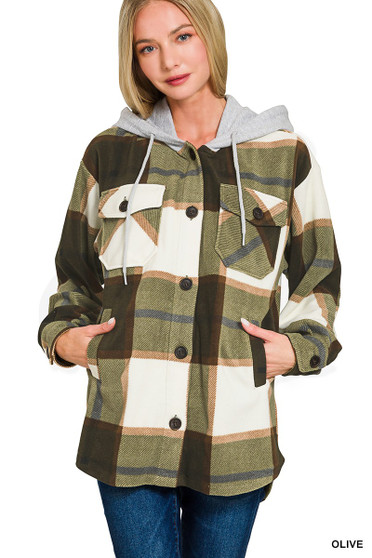 Zenana Plaid Drawstring Hooded Fleece Shacket