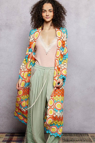 POL Scalloped Edge Open Front Crochet Cardigan with Colorful Stripe Pattern