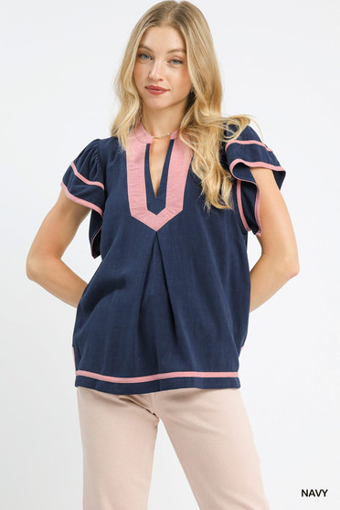 Umgee Linen Ruffle Sleeve Top