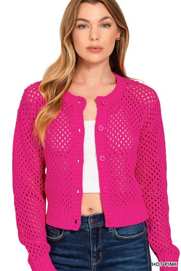 Zenana Button Down Lightweight Crochet Cardigan Sweater