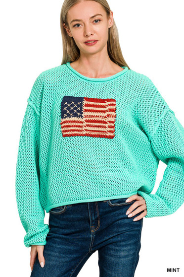 Zenana American Flag Crew Neck Sweater
