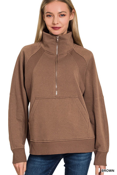 Zenana Half Zip Fleece Sweatshirt with kangaroo Pocket