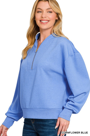 Zenana Scuba Half Zip Drop Shoulder Sweatshirt