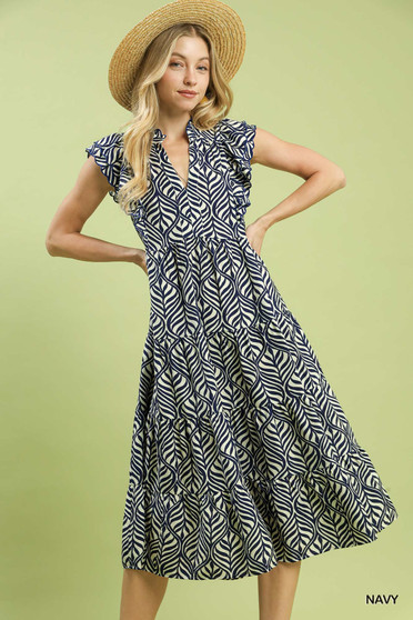 Umgee Leaf Print Tiered Midi Dress with Ruffle Detail