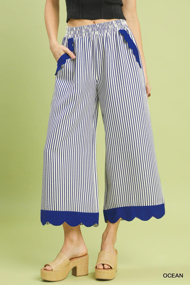 Umgee Stripe Scallop Hem Wide Leg Pants