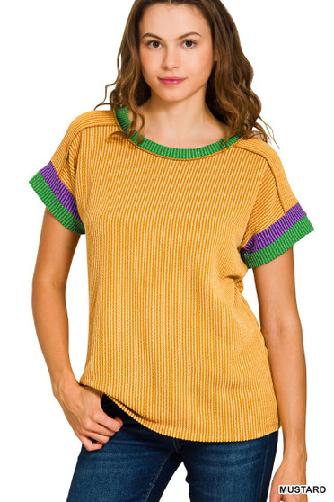 Zenana Mardi Gras Raised Rib Contrast Trim Top