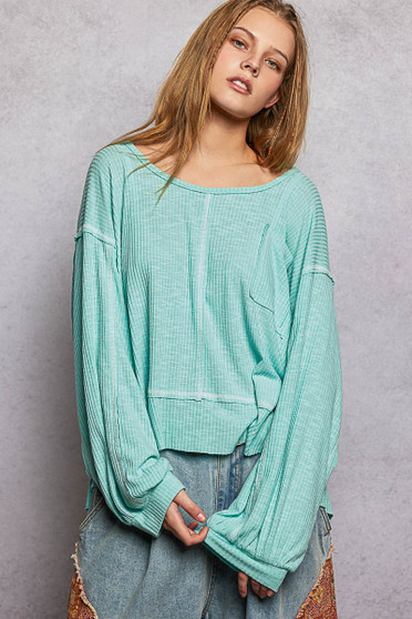 POL Round Neck Long Sleeve Exposed Seam Top with Chest Pocket