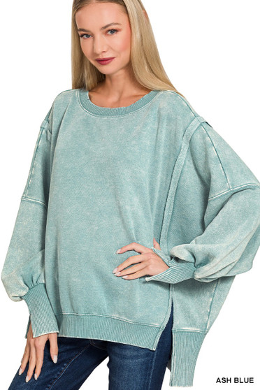 Zenana Acid Washed Batwing Sleeve Fleece Sweatshirt