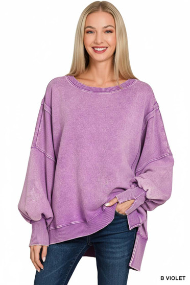 Zenana Acid Washed Batwing Sleeve Fleece Sweatshirt