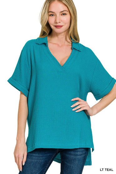 Zenana Double Gauze Short Sleeve High-Low Top