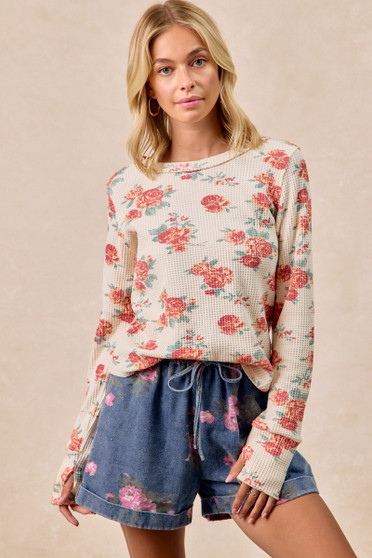 BiBi Floral Print Washed Waffle Thermal Top With Thumb