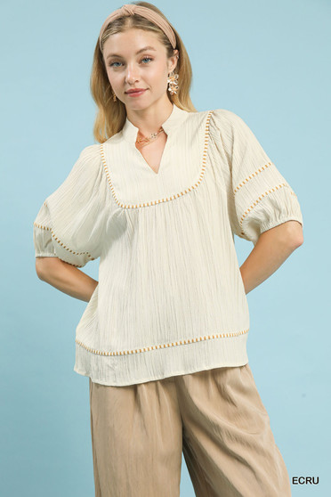 Umgee Textured Short Sleeve Top with Contrast Trim