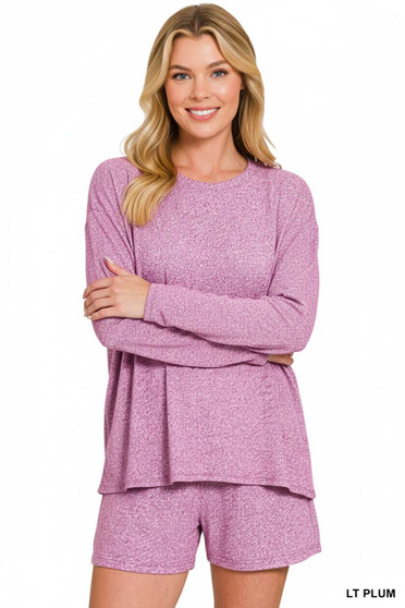 Zenana Soft Melange Long Sleeve Tee and Shorts Set