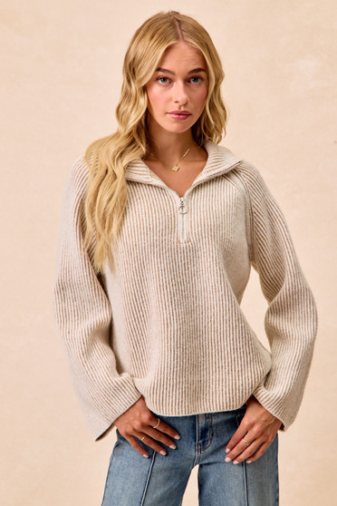 BiBi Two Tone Rib Texured Knit Collared Top with Zip Up