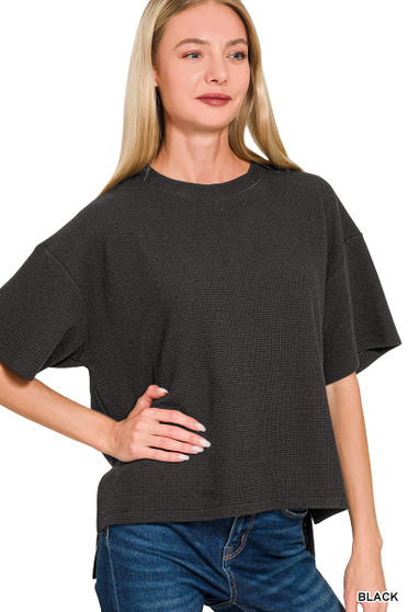 Zenana Full Size Double Knit Side Slits Hi Low Short Sleeve Top Plus Size