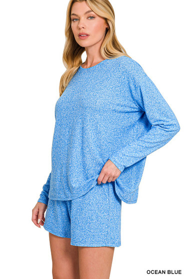 Zenana Soft Melange Long Sleeve Tee and Shorts Set