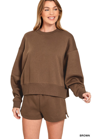 Zenana Fleece Round Neck Sweatshirt and Shorts Set