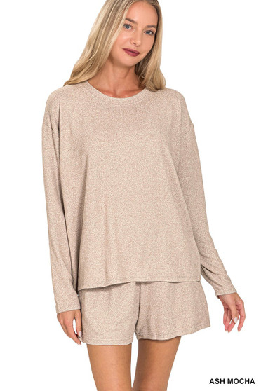 Zenana Soft Melange Long Sleeve Tee and Shorts Set