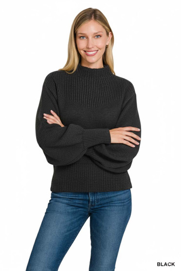 Zenana Balloon Sleeve Mock Neck Sweater
