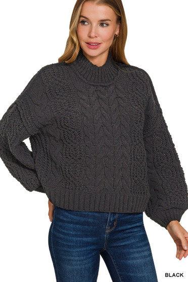 Zenana Cable-Knit Ribbed Turtleneck Sweater