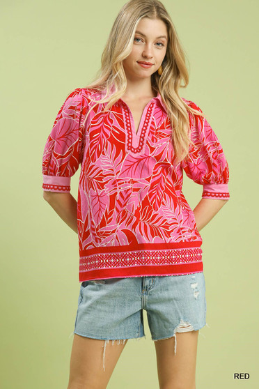 Umgee Tropical Print Puff Sleeve Blouse