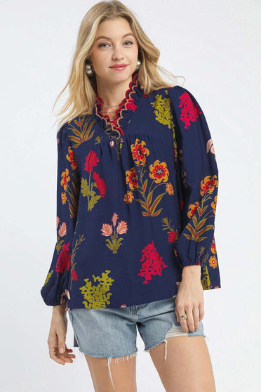 Umgee Flower Print Blouse with Scalloped Neckline