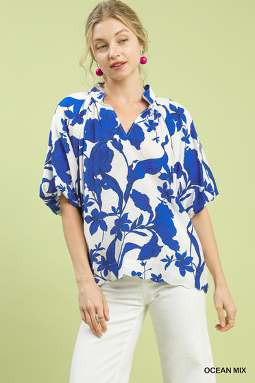 Umgee Floral Print Puff Sleeve Blouse with Scallop Hem