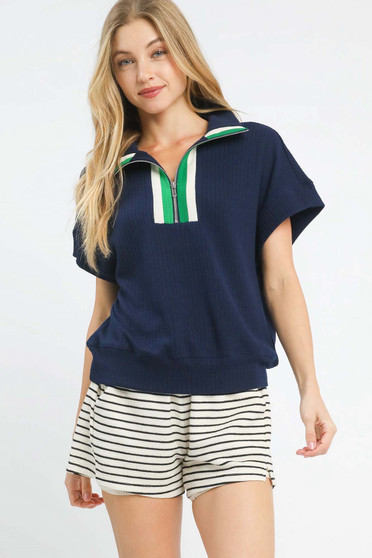 Umgee Textured Striped Zip Collar Knit Top
