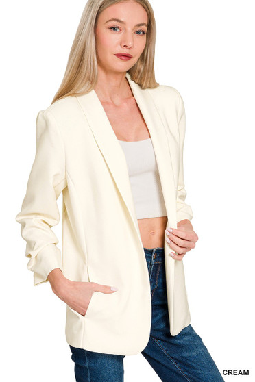Zenana Woven 3/4 Ruched Sleeve Open Front Classic Blazer