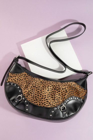 Fame Dark Spotted Leopard Print Half Moon Shoulder Bag