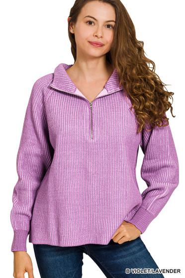 Zenana Ribbed Two Tone Half Zip Sweater