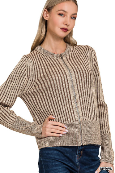 Zenana Ribbed Two Tone Zip Up Sweater Cardigan