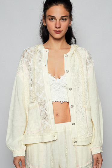 POL Exposed Seam Button Down Hooded Jacket with Lace Detail