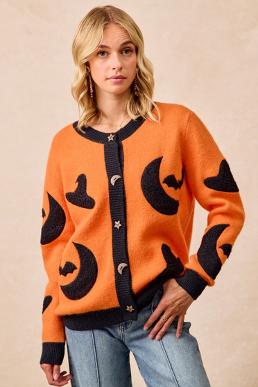 BiBi Halloween Witch Hat Moon Bat Artwork Cardigan