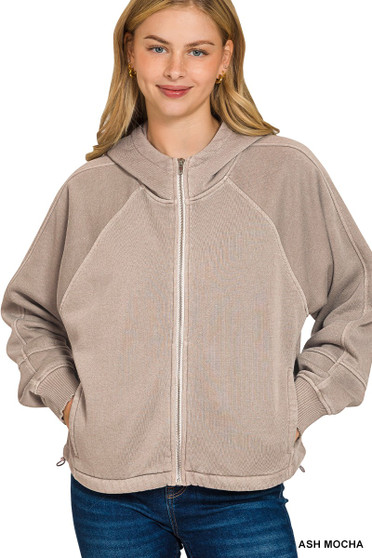Zenana Fleece Pigment Dye Zip Up Hoodie with Pockets