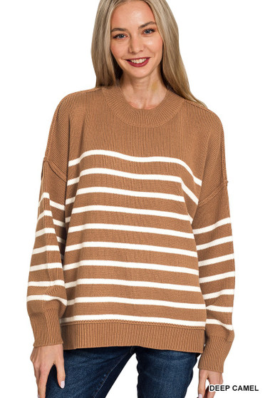 Zenana Exposed Seam Striped Oversized Sweater