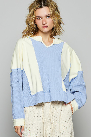 POL Color Block Waffle Knit Raw Hem Sweatshirt