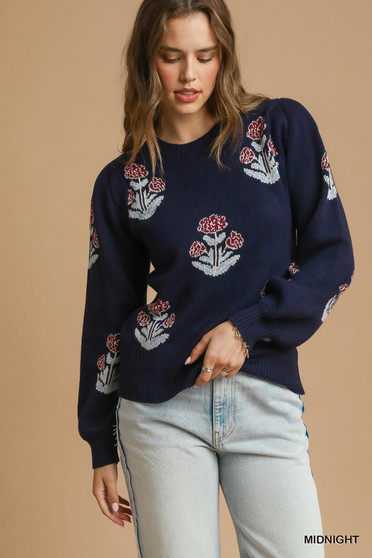 Umgee Floral Knit Sweater with Puff Sleeves