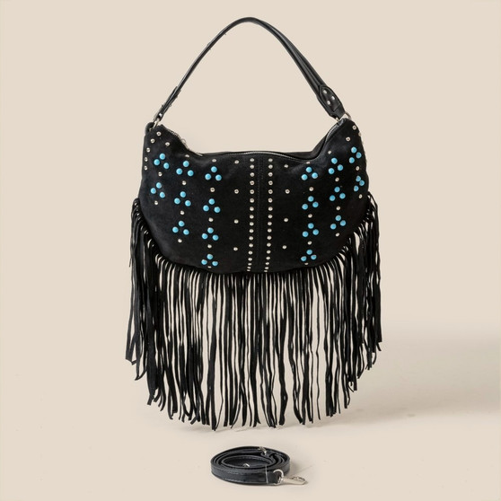 Fame Studded Pattern Multi Fringe Hobo Shoulder Bag