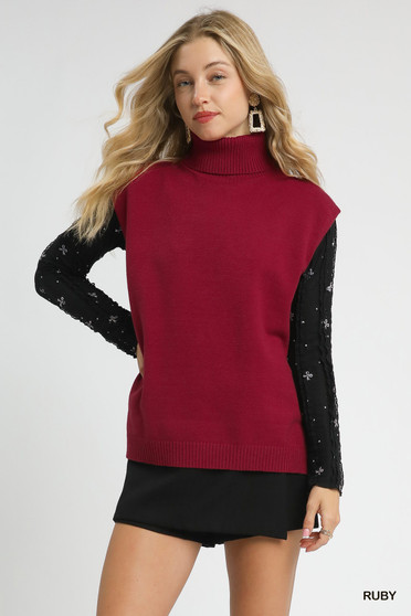 Umgee High-Low Turtleneck Sleeveless Sweater Top