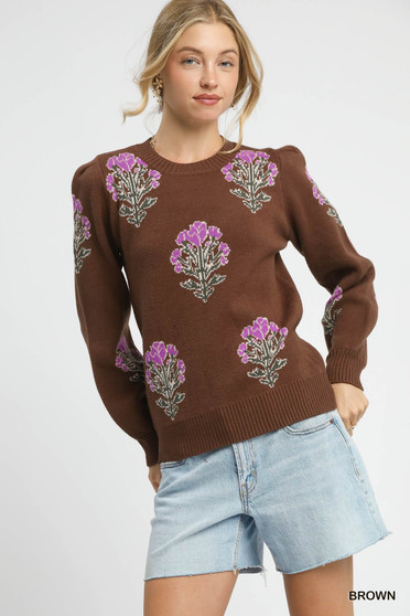Umgee Single Flower Stem Jacquard Sweater